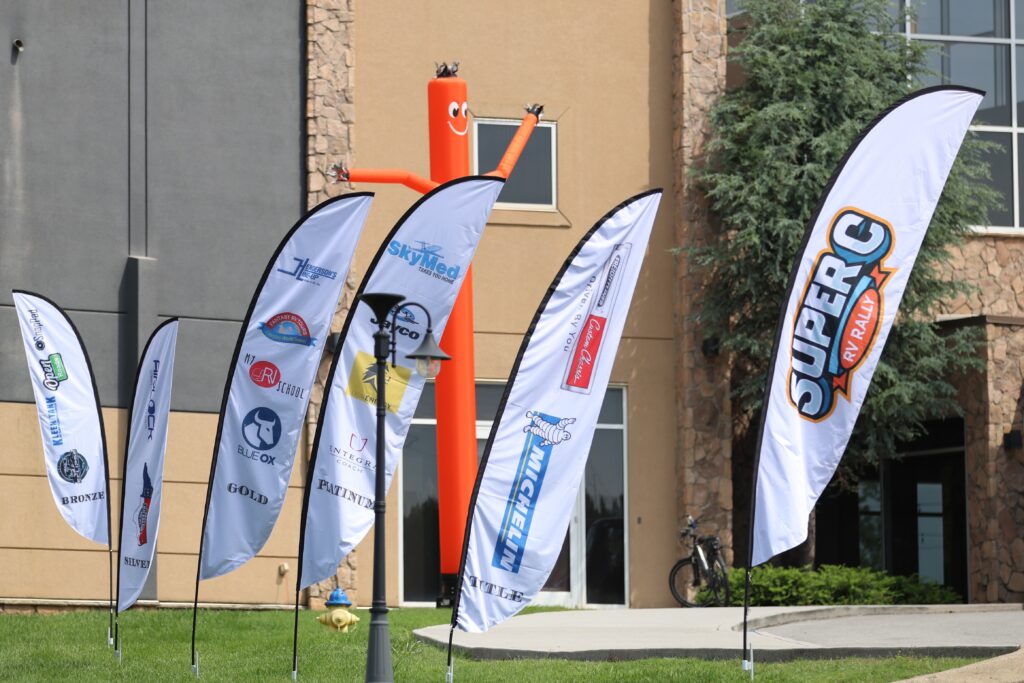 Partner flags outside the rally venue