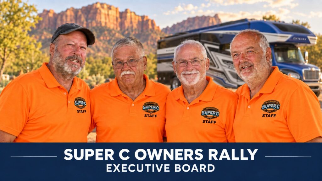 The four members of the rally executive board in orange staff shirts, standing in front of red-rock cliffs and an Entegra Super C motorhome, above the words Super C Owners Rally Executive Board